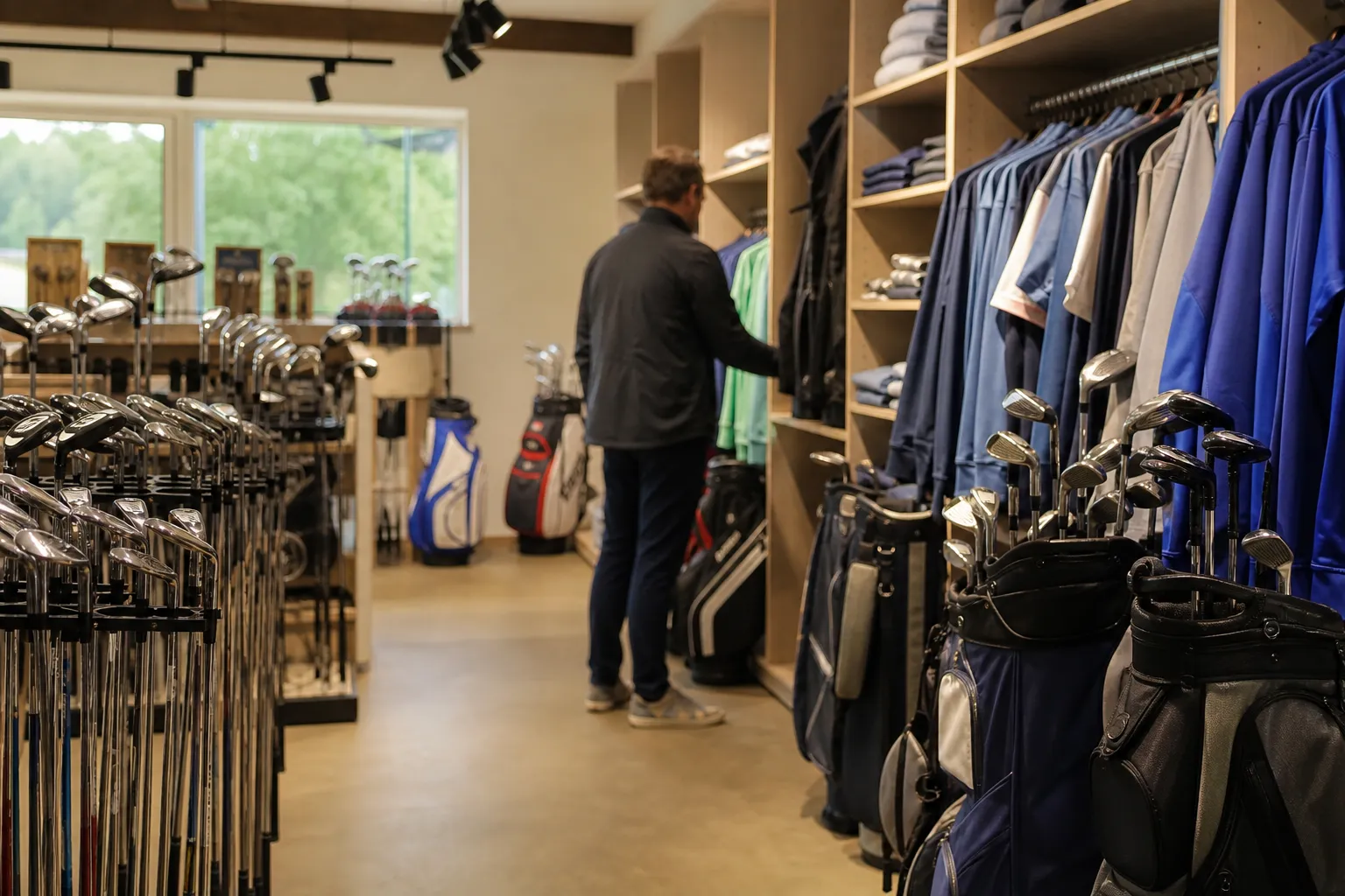 Hyllor med golfklubbor, bagar och kläder i en golf-outletbutik