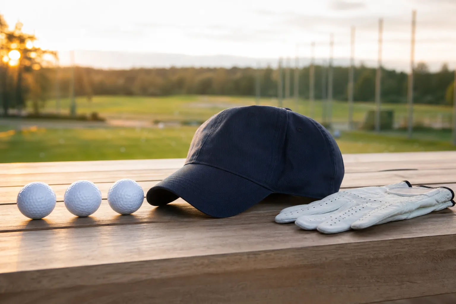 Presentinslagen golfutrustning som golfbollar, en keps och en handske uppradade på ett bord