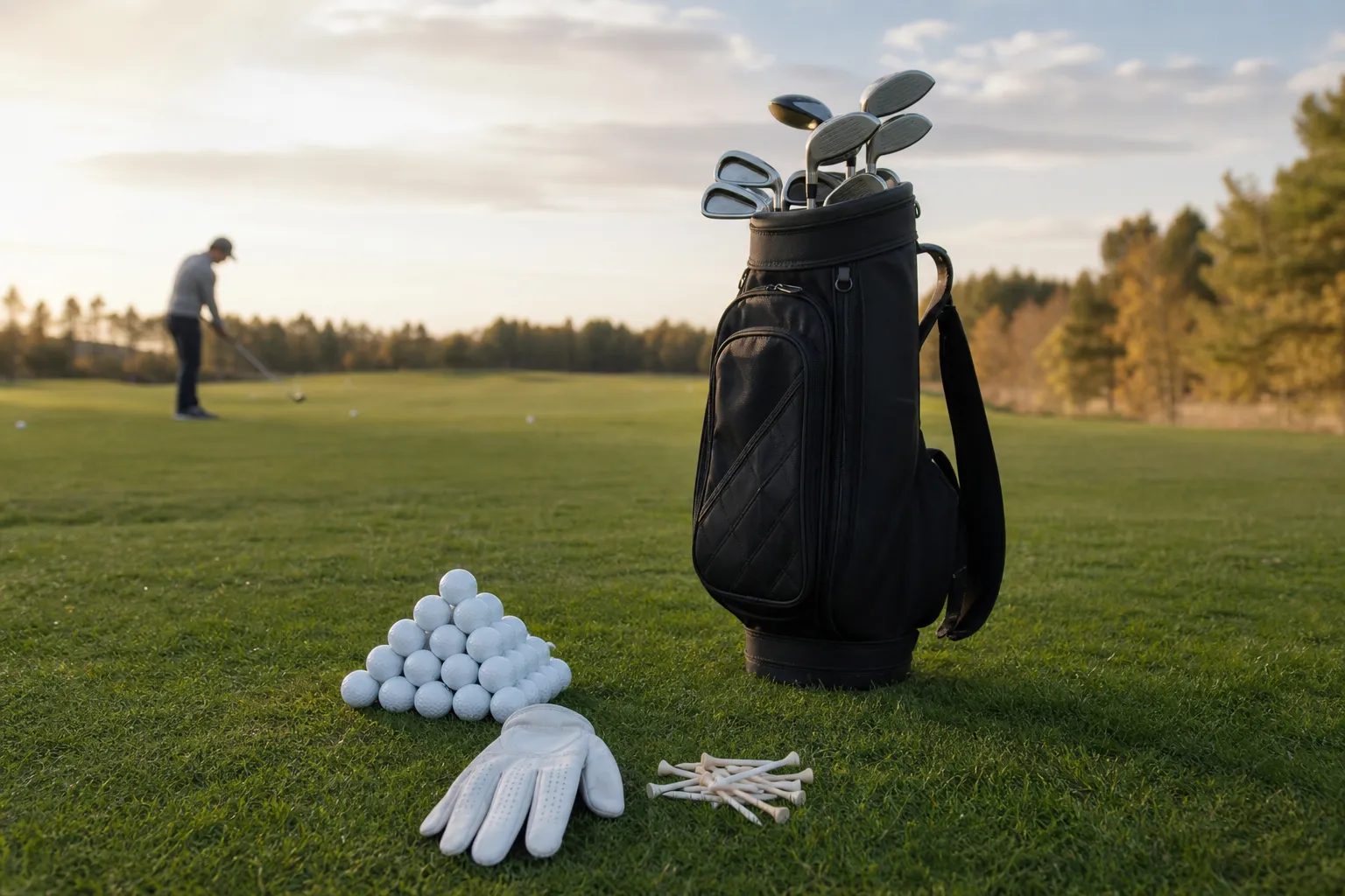 Grundutrustning för en golfnybörjare uppradad på en driving range: klubbor, bag, bollar och handske