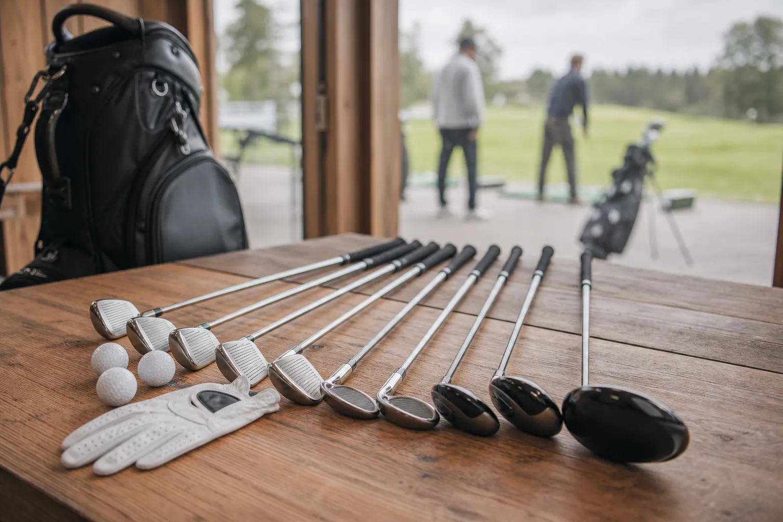 Golfutrustning, klubbor, bag, bollar och handske uppradade på ett bord inför ett köp