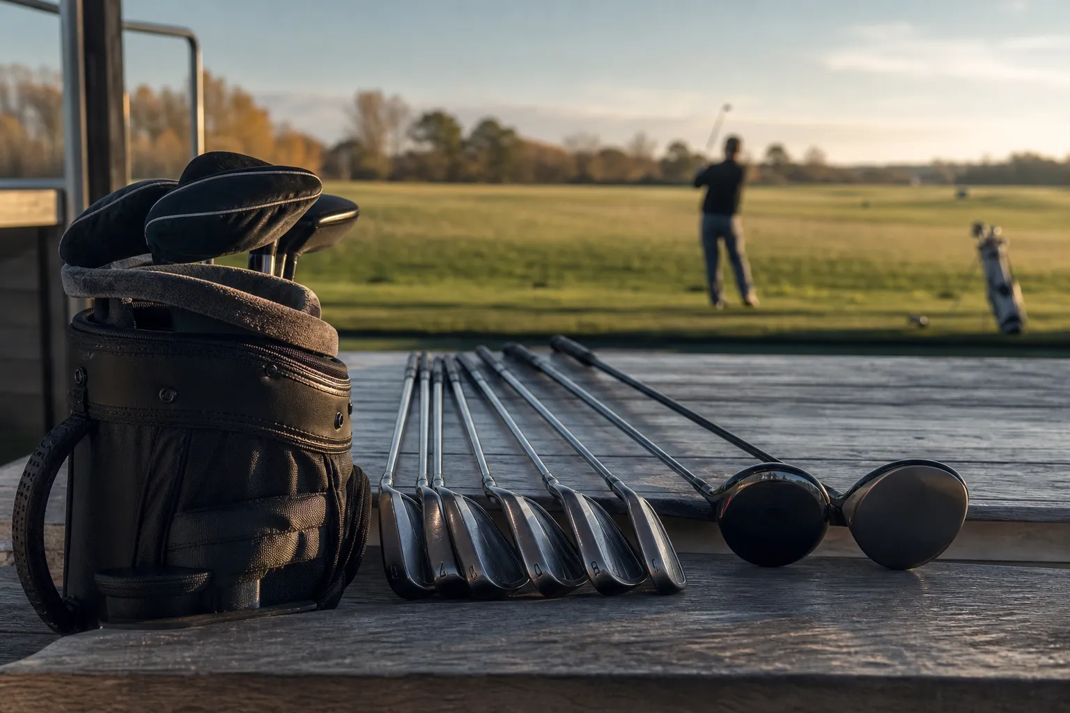 Golfklubbor och bag uppradade på ett bord redo att fotograferas för en säljannons